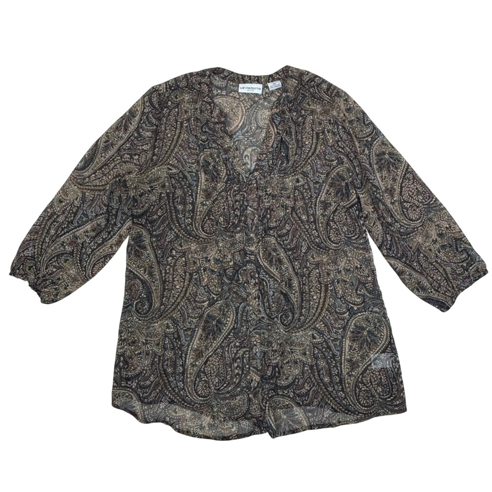 Liz Claiborne Petite Paisley Sheer Boho Blouse Brown Green V-Neck 3/4 Sleeve PM